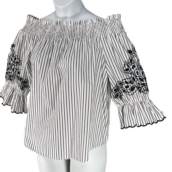 Chicos NWT Womens 3X Smocked Off Shoulder Poplin Tunic Top Embroidery 3/4 Sleeve - Picture 1 of 11